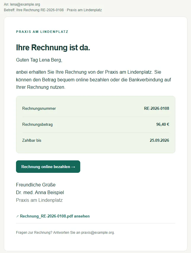 Rechnungs-E-Mail aus VXPay mit Rechnungsnummer, Betrag, Zahlungsziel und dem Knopf „Rechnung online bezahlen“