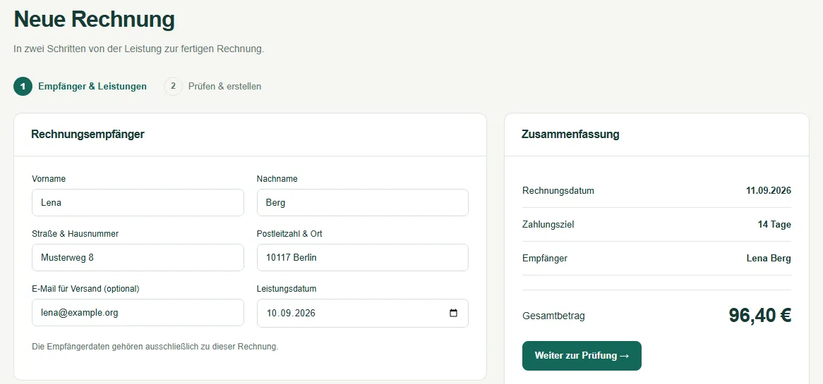 Rechnungsassistent in VXPay: Rechnungsempfänger eintragen, daneben die Zusammenfassung mit Gesamtbetrag