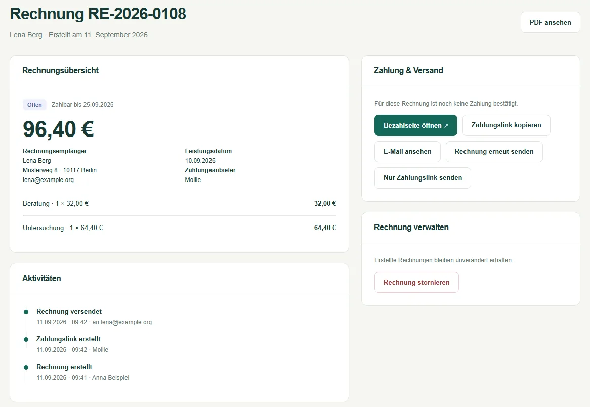 Rechnungsdetail in VXPay mit Zahlungslink, Versand und dem Verlauf der Rechnung