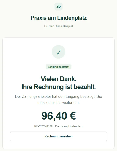 Bezahlseite nach der Zahlung: „Vielen Dank. Ihre Rechnung ist bezahlt.“